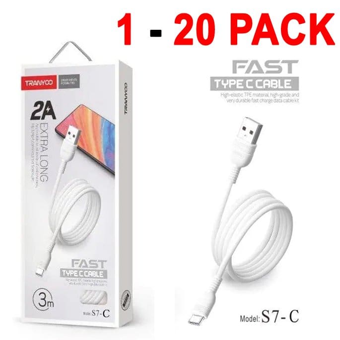 1X 10X 20X TRANYOO (S7-C) 3M 2A USB Type C Cable Fast Charging Charger Data Sync Cable Cord 1X 10X 20X TRANYOO (S7-C) 3M 2A USB Type C Cable Fast Charging Charger Data Sync Cable Cord